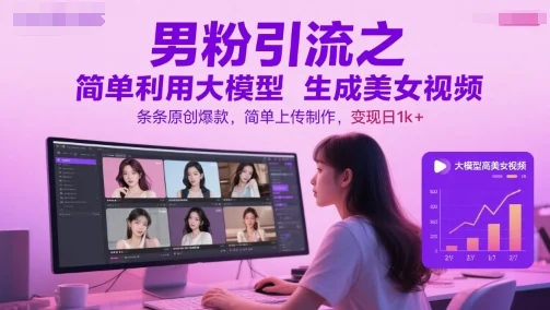 男粉引流之简单利用大模型生成美女视频，条条原创爆款，简单上传制作，变现日1k+-VHermes轻创网