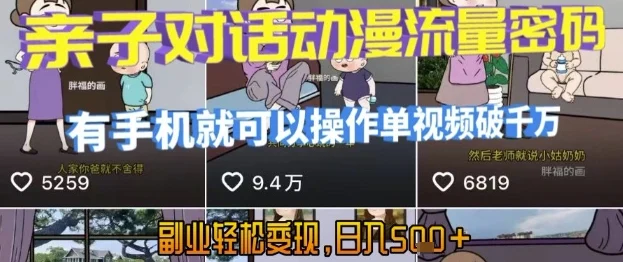 AI引爆短视频，亲子对话动漫流量密码，有手机就可以操作，单视频破千万播放，副业轻松变现，日入5张【揭秘】-UMuse轻创网