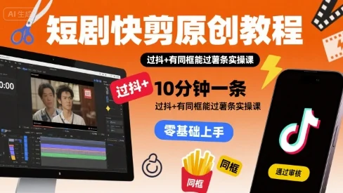 短剧快剪原创教程，10分钟一条，过抖+有同框能过薯条实操课-UMuse轻创网