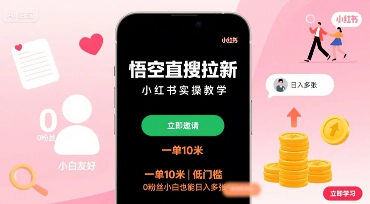悟空直搜拉新小红书实操教学，一单10米，低门槛，0粉丝小白也能日入多张-UMuse轻创网