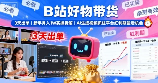 B站好物带货，3天出单，新手月入1W实操拆解，AI生成视频，抓住平台红利期最后机会-U·Muse