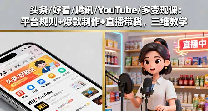 头条/好看/腾讯/YouTube/多变现课：平台规则+爆款制作+直播带货，三维教学-U·Muse